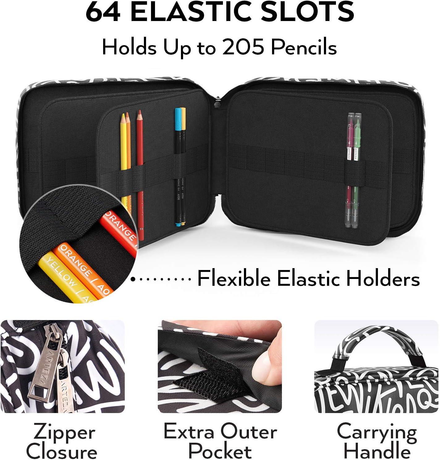 Arteza Pencil Case Organizer, 64 Elastic Slots, Paint Splatter Pattern, Large Capacity, Holds Up to 205 Pencils, Pens, and Markers(Black & White)