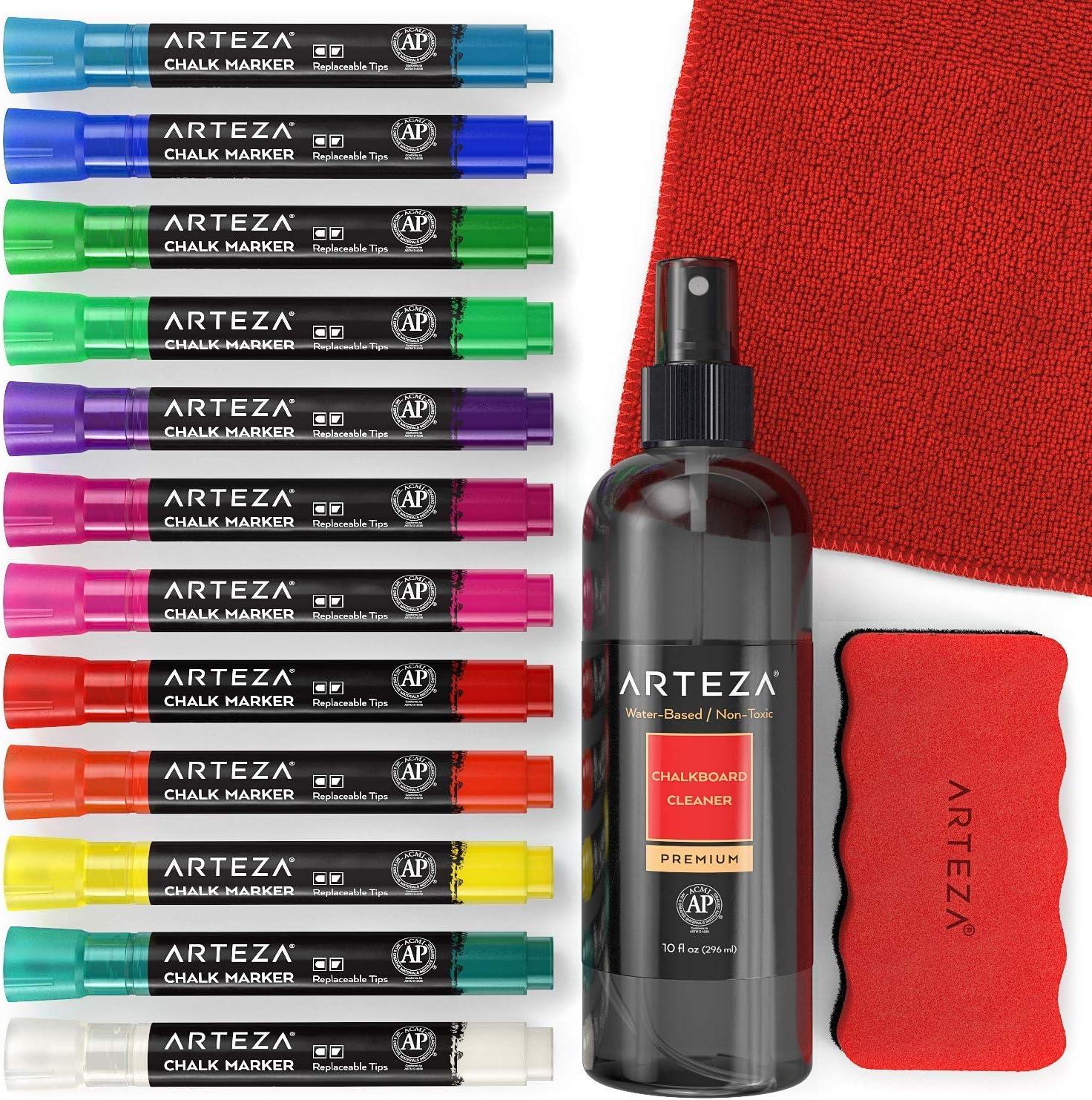Arteza Chalkboard Cleaner Set with 2 Cleaners, 10-Ounces Each, 1 Microfiber Fabric Towel, 2 Magic Sponges & 1 Magnetic Eraser, Office Supplies for Chalkboards, Blackboards & Glass Surfaces(15)