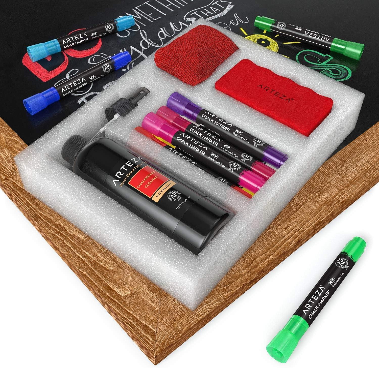 Arteza Chalkboard Cleaner Set with 2 Cleaners, 10-Ounces Each, 1 Microfiber Fabric Towel, 2 Magic Sponges & 1 Magnetic Eraser, Office Supplies for Chalkboards, Blackboards & Glass Surfaces(15)