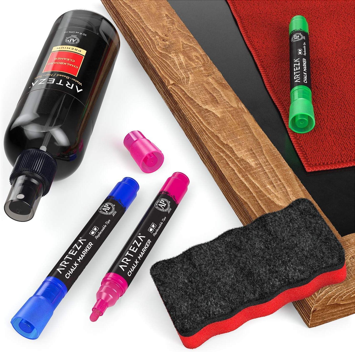 Arteza Chalkboard Cleaner Set with 2 Cleaners, 10-Ounces Each, 1 Microfiber Fabric Towel, 2 Magic Sponges & 1 Magnetic Eraser, Office Supplies for Chalkboards, Blackboards & Glass Surfaces(15)