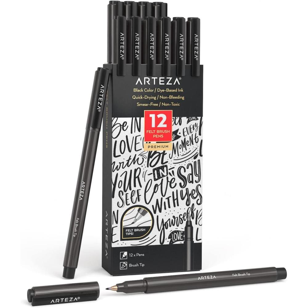 ARTEZA Felt-Tip Brush Pens, Set of 12 Nontoxic Black Markers, Quick-Dry and Smear-Proof(1 Count (Pack of 12))