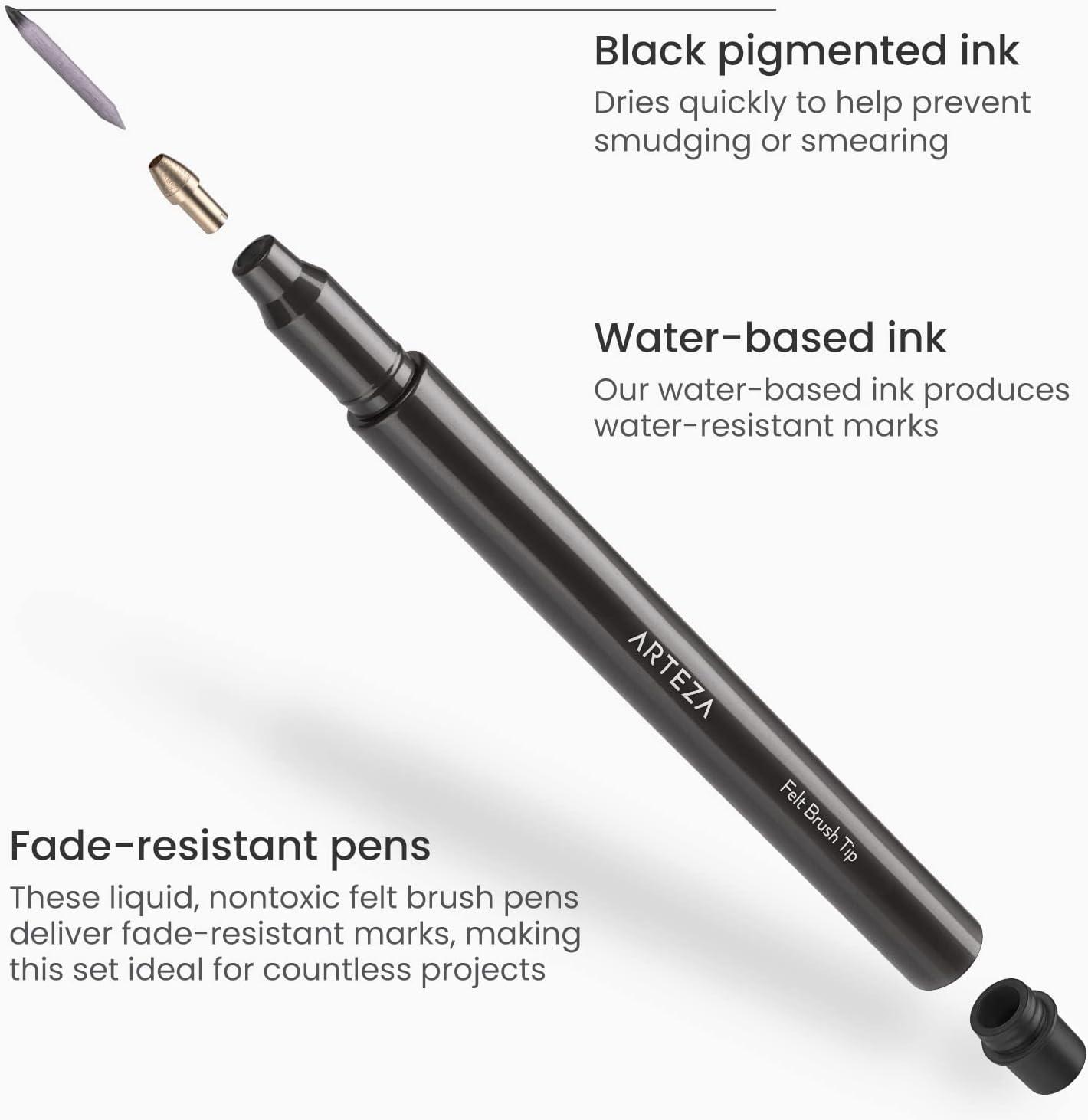 ARTEZA Felt-Tip Brush Pens, Set of 12 Nontoxic Black Markers, Quick-Dry and Smear-Proof(1 Count (Pack of 12))