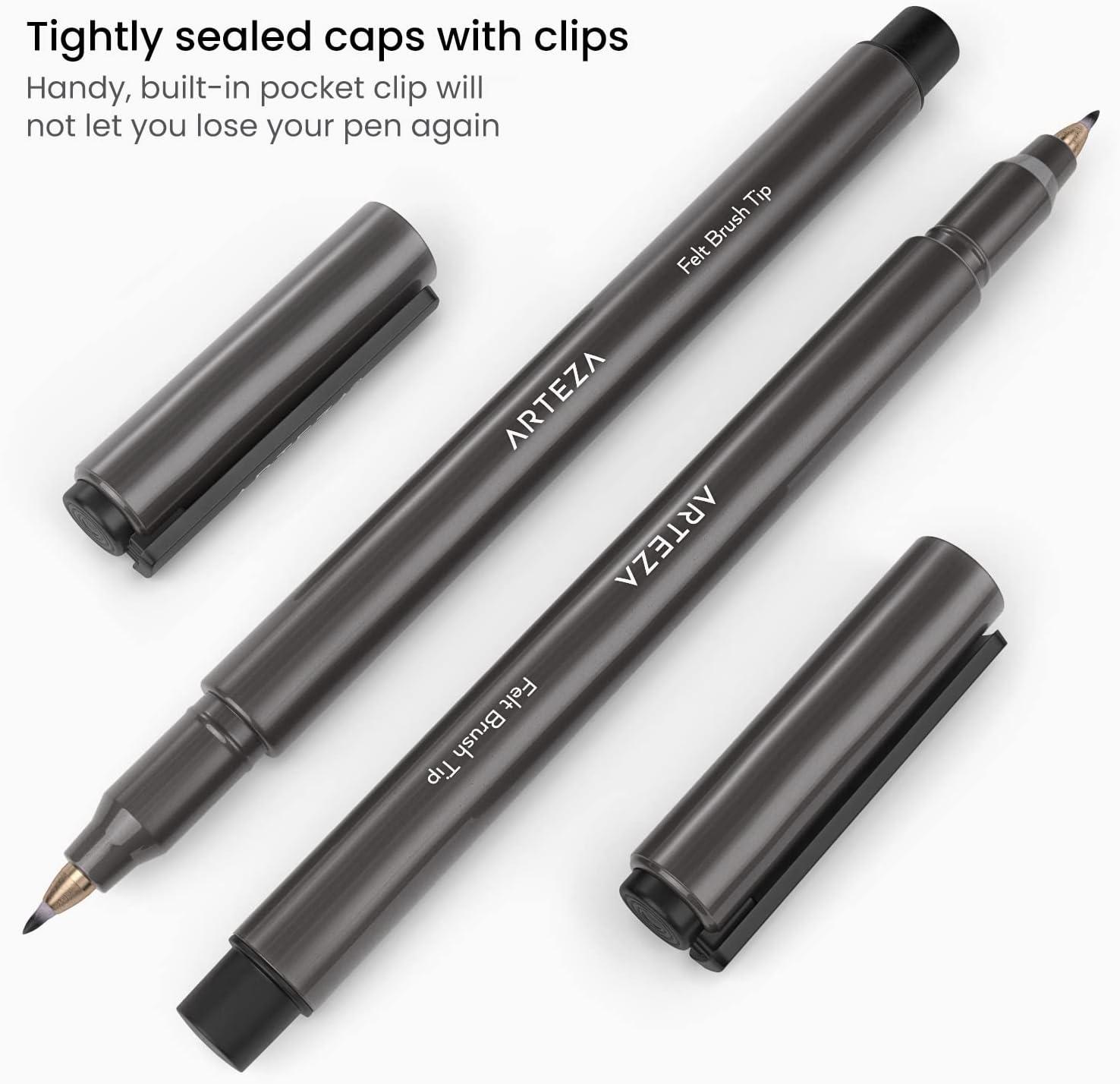 ARTEZA Felt-Tip Brush Pens, Set of 12 Nontoxic Black Markers, Quick-Dry and Smear-Proof(1 Count (Pack of 12))