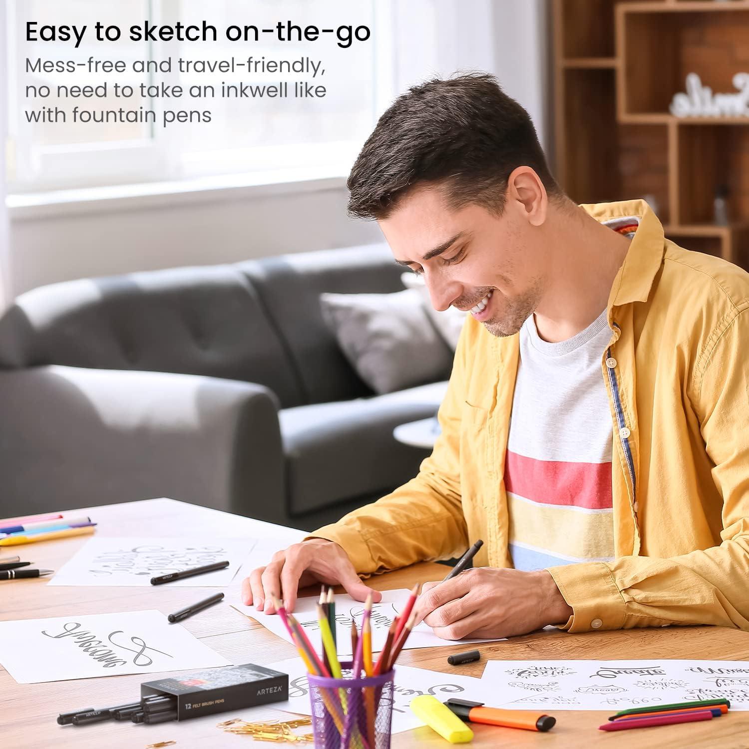 ARTEZA Felt-Tip Brush Pens, Set of 12 Nontoxic Black Markers, Quick-Dry and Smear-Proof(1 Count (Pack of 12))