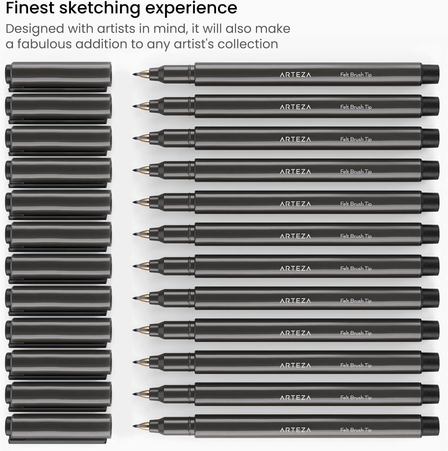 ARTEZA Felt-Tip Brush Pens, Set of 12 Nontoxic Black Markers, Quick-Dry and Smear-Proof(1 Count (Pack of 12))