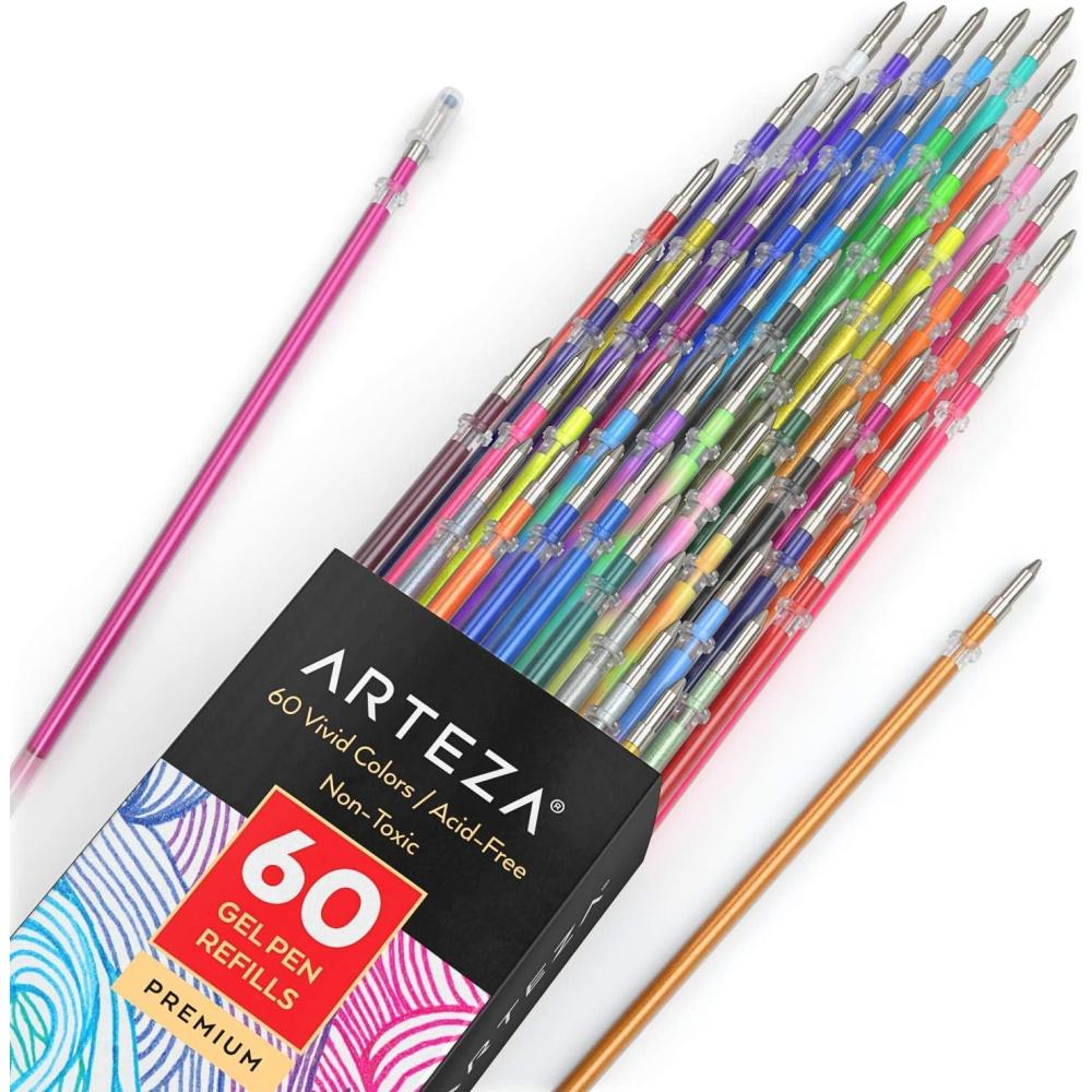 ARTEZA Gel Pens Ink Refills 60-Individual-Color-Bundle Acid-Free (0.8-1.0 mm Tips, Set of 60)(Rollerball)