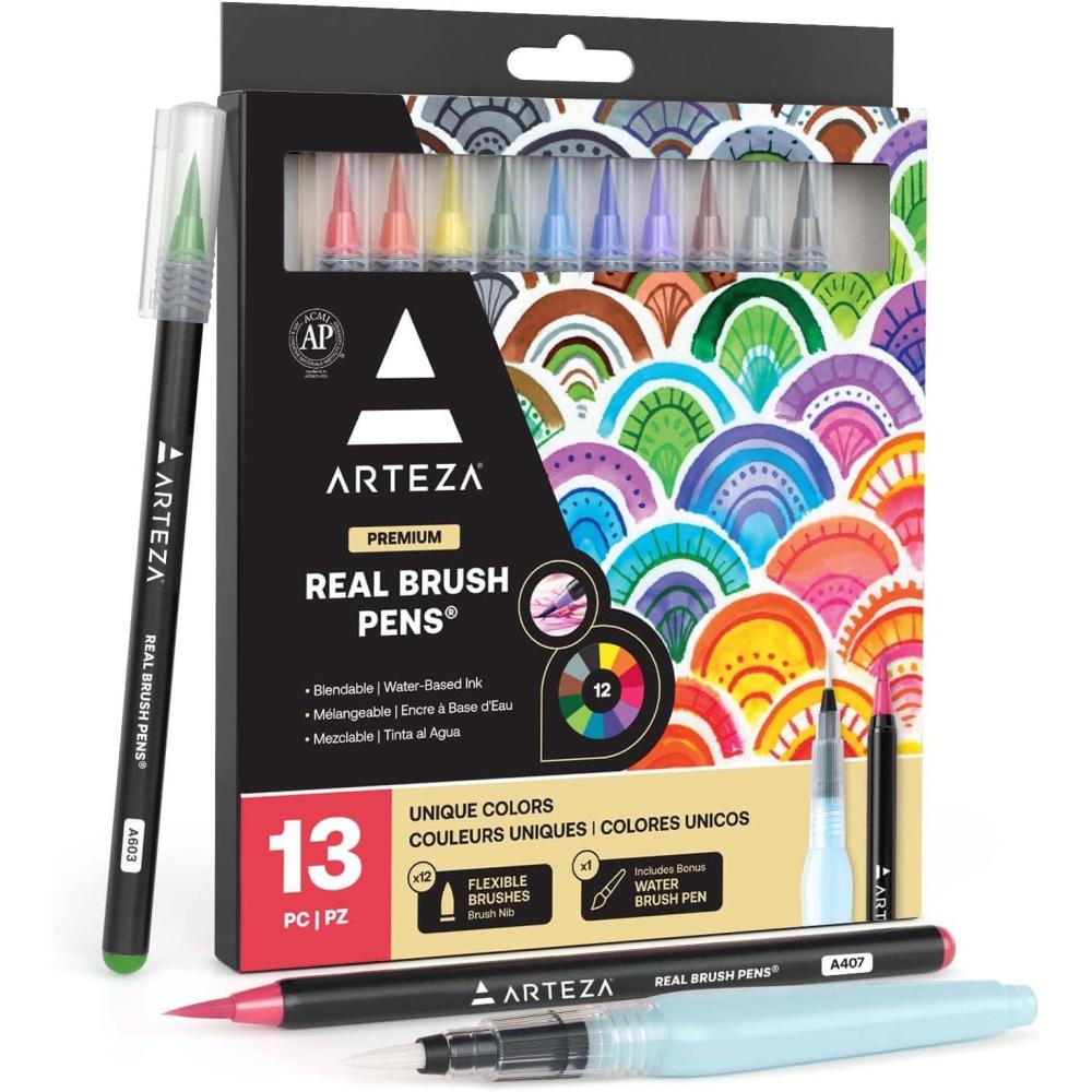 ARTEZA 12 Watercolor Pens for Artists, Landscape Tones Real Brush Pens, Blendable Watercolor Markers for Adults(Multicolor)