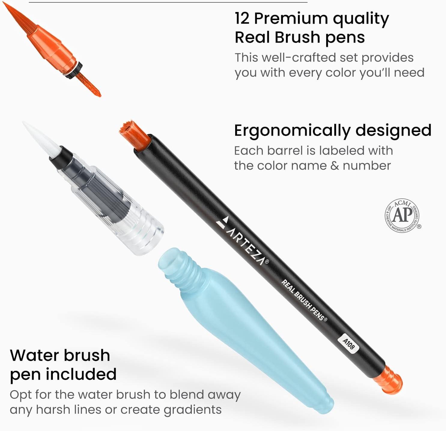 ARTEZA 12 Watercolor Pens for Artists, Landscape Tones Real Brush Pens, Blendable Watercolor Markers for Adults(Multicolor)