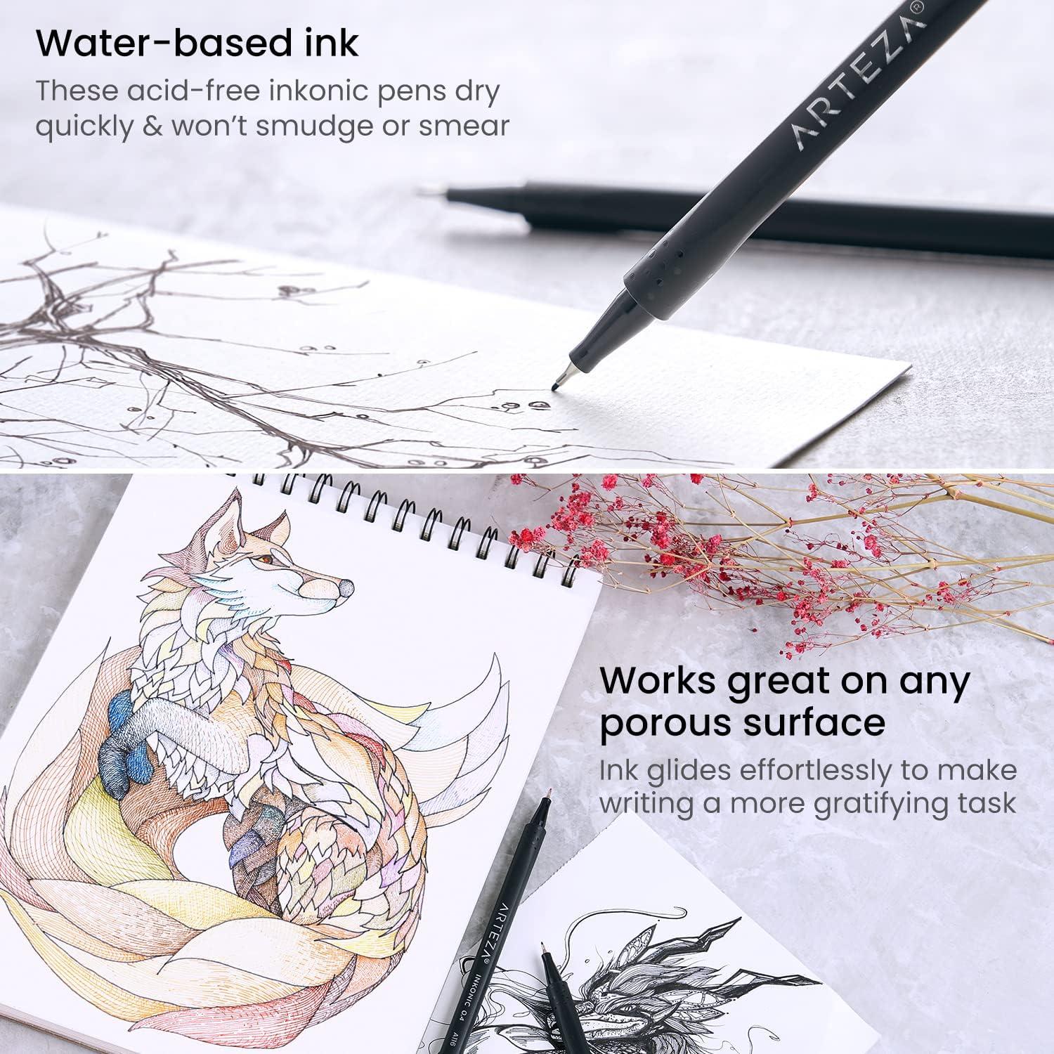 ARTEZA Black Inkonic Fineliners Pens, Set of 12, 0.4 mm Fine Tip Markers, Water-Based Art Pens for Drawing, Sketching, Journaling, Calligraphy(1 Count (Pack of 72))