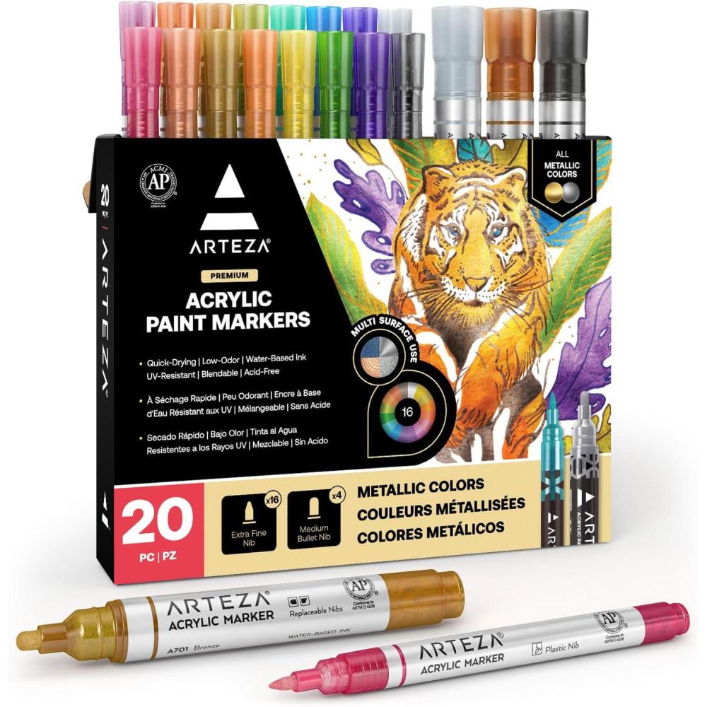 ARTEZA Acrylic Paint Markers, Set of 12 Metallic Marker Pens, 3 Gold, 3 Silver, 3 Black, 3 White, Extra-Fine Nibs, 15mm, for Stone, Glass, and Wood(Metallic)