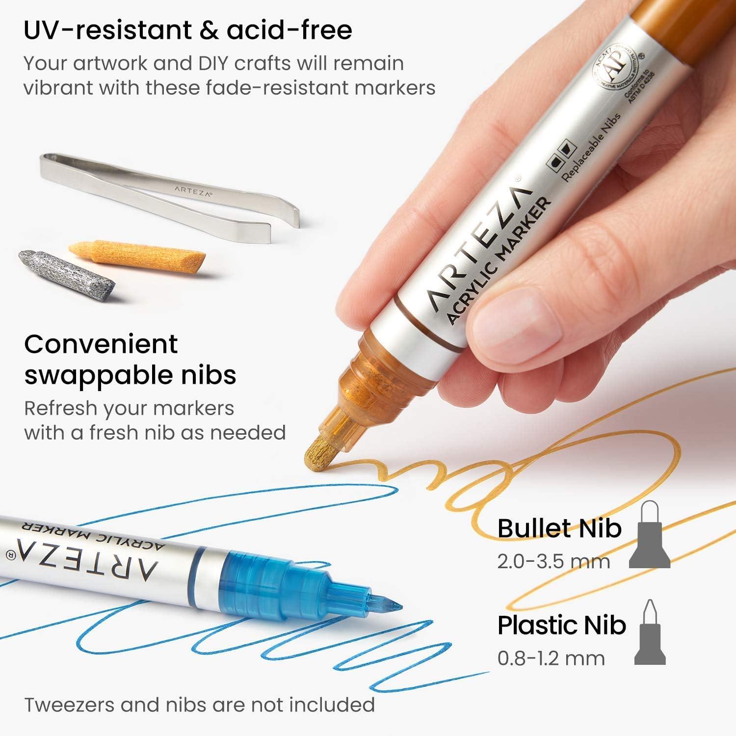 ARTEZA Acrylic Paint Markers, Set of 12 Metallic Marker Pens, 3 Gold, 3 Silver, 3 Black, 3 White, Extra-Fine Nibs, 15mm, for Stone, Glass, and Wood(Metallic)