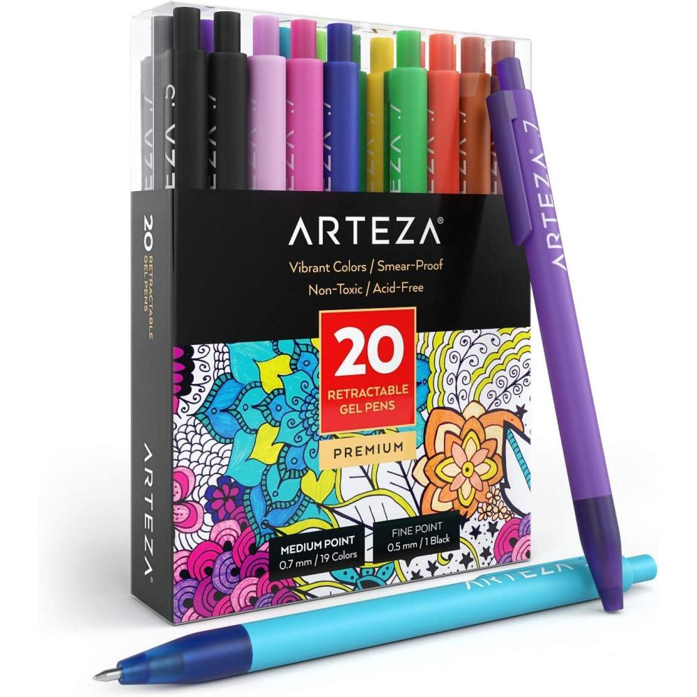 ARTEZA Gel Pens Colored Set of 20, Retractable Pens Assorted Colors for Writing in a Notebook, Journal, Planner(Assorted Colors)