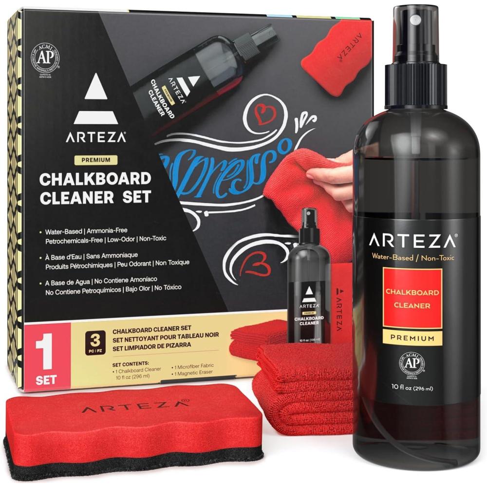 Arteza Chalkboard Cleaner Set with 2 Cleaners, 10-Ounces Each, 1 Microfiber Fabric Towel, 2 Magic Sponges & 1 Magnetic Eraser, Office Supplies for Chalkboards, Blackboards & Glass Surfaces(3)