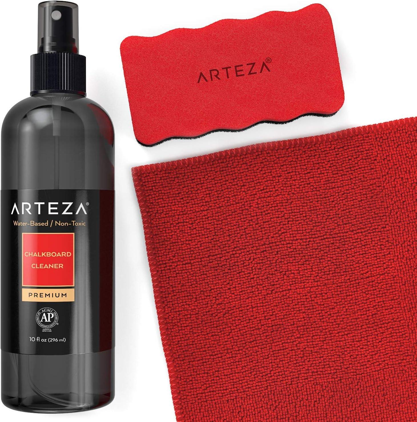 Arteza Chalkboard Cleaner Set with 2 Cleaners, 10-Ounces Each, 1 Microfiber Fabric Towel, 2 Magic Sponges & 1 Magnetic Eraser, Office Supplies for Chalkboards, Blackboards & Glass Surfaces(3)
