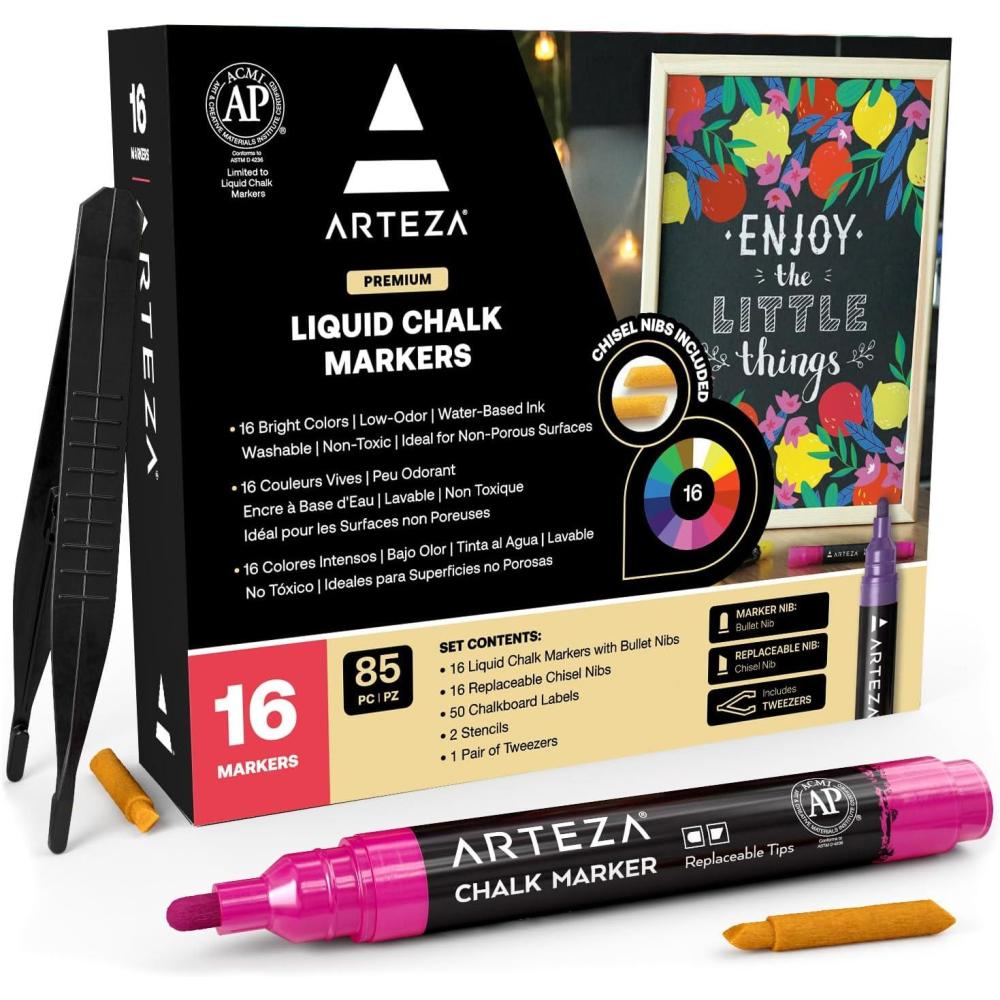 ARTEZA Liquid Chalk Markers, Set of 8, Metallic Colors, Erasable(Bright)