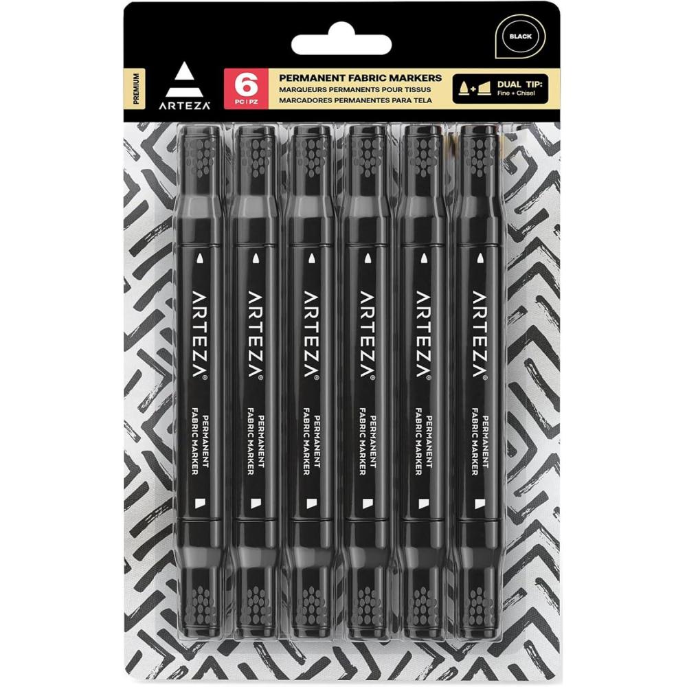 ARTEZA Black Fabric Markers, Set of 6, Permanent Textile Markers, Dual-Tip Pens for Coloring T-Shirts, Jeans, Jackets, Backpacks