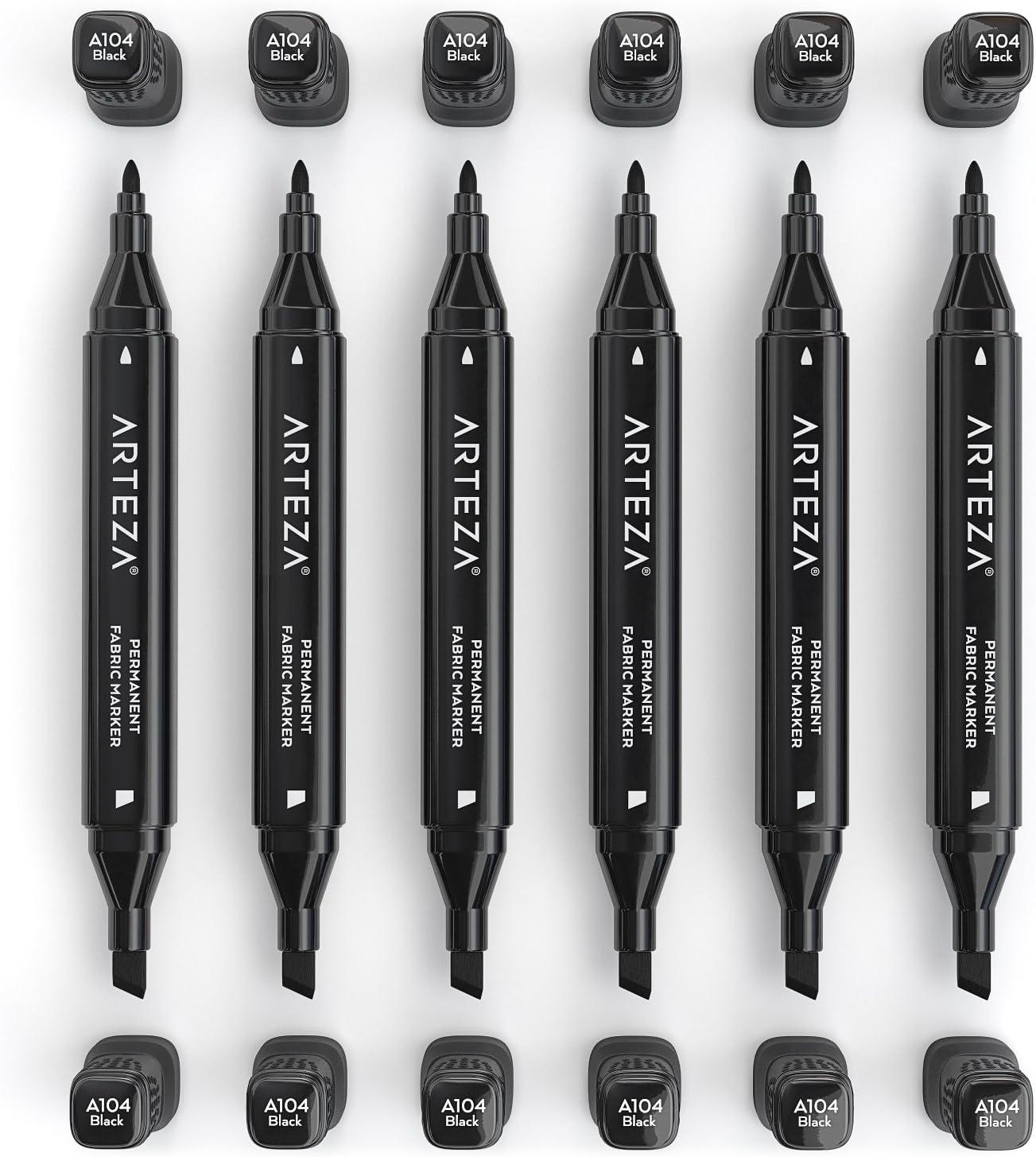 ARTEZA Black Fabric Markers, Set of 6, Permanent Textile Markers, Dual-Tip Pens for Coloring T-Shirts, Jeans, Jackets, Backpacks