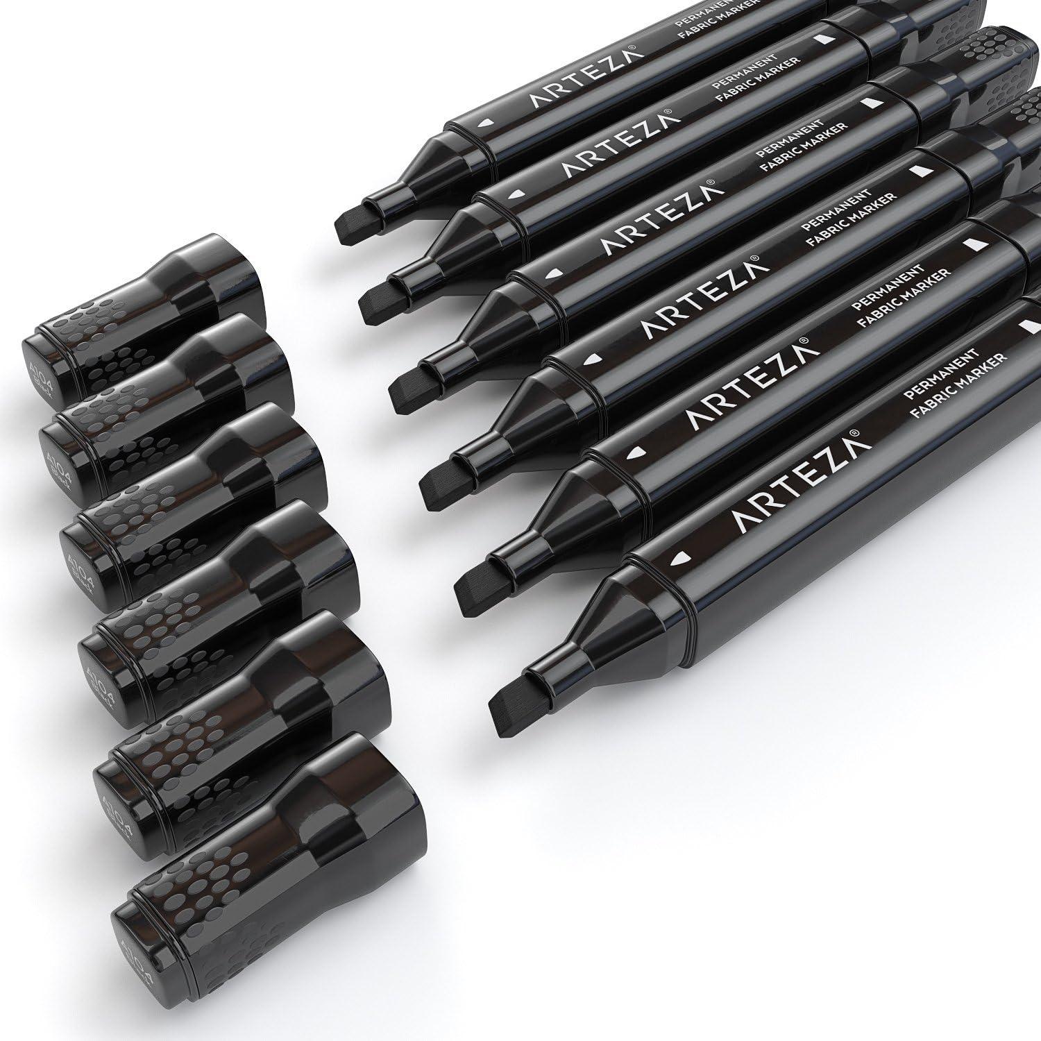 ARTEZA Black Fabric Markers, Set of 6, Permanent Textile Markers, Dual-Tip Pens for Coloring T-Shirts, Jeans, Jackets, Backpacks