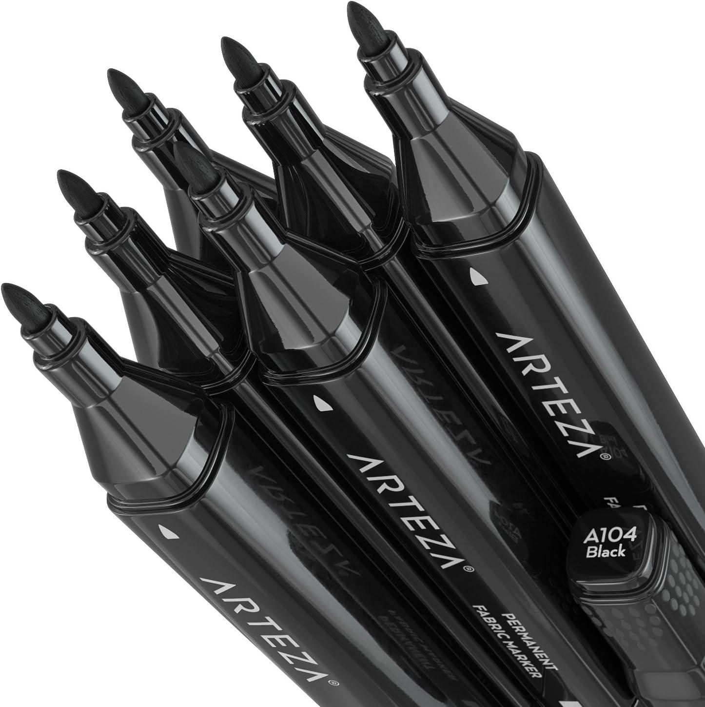 ARTEZA Black Fabric Markers, Set of 6, Permanent Textile Markers, Dual-Tip Pens for Coloring T-Shirts, Jeans, Jackets, Backpacks