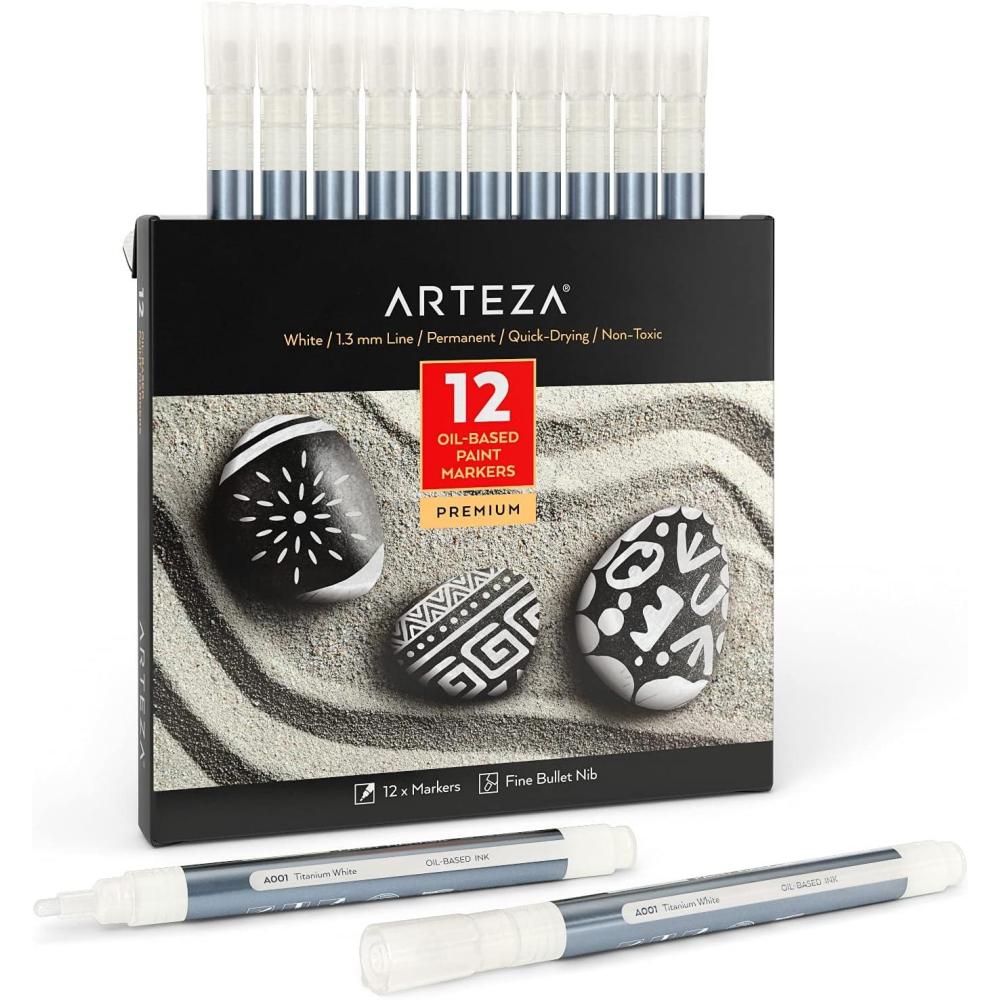 ARTEZA Oil Based Paint Markers, 12-Pack, White, 1.3 mm Line, Permanent Pens, Waterproof Craft and Art Supplies for Stone, Wood, Glass, Metal, Canvas