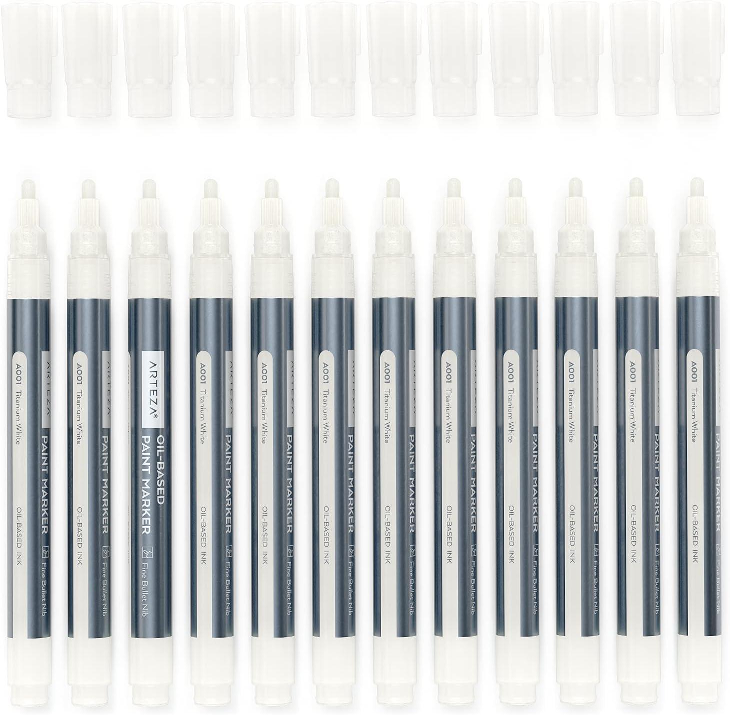 ARTEZA Oil Based Paint Markers, 12-Pack, White, 1.3 mm Line, Permanent Pens, Waterproof Craft and Art Supplies for Stone, Wood, Glass, Metal, Canvas