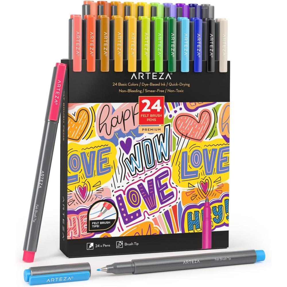 ARTEZA Felt-Tip Brush Pens, Set of 12 Nontoxic Black Markers, Quick-Dry and Smear-Proof(1 Count (Pack of 24))