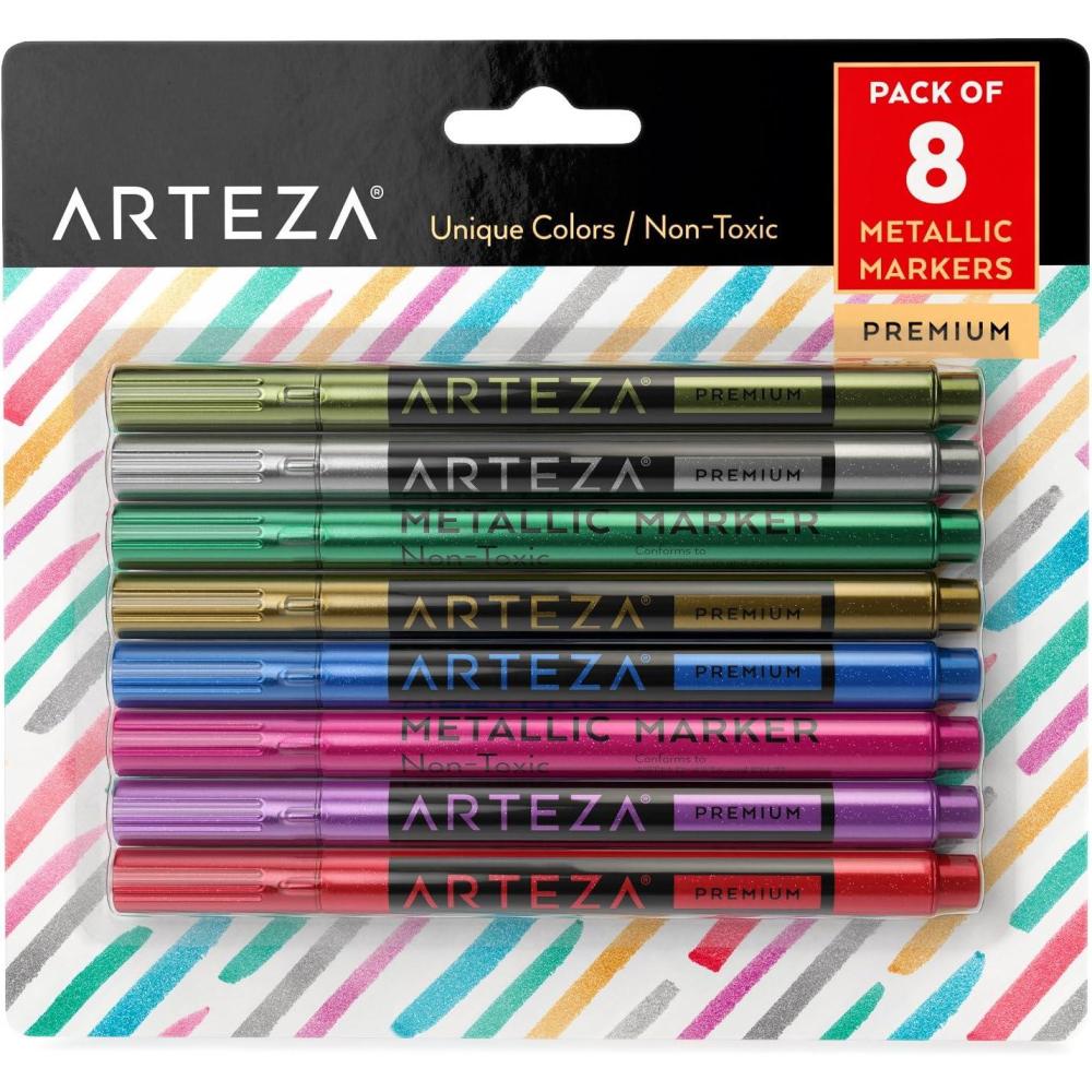 ARTEZA Wine Glass Markers, Set of 8 Washable Metallic Paint Pens, Quick-Drying Erasable Markers for Glassboards, Ceramic Plates, Mirrors