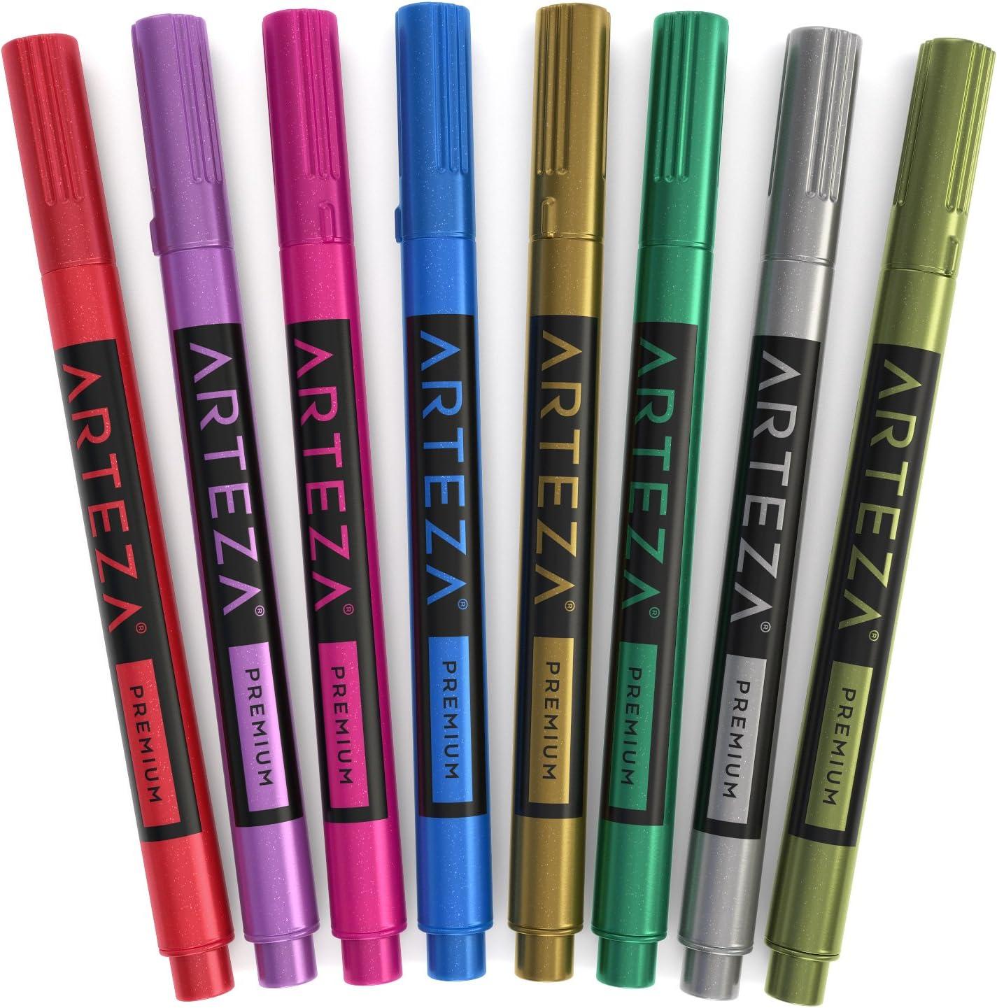 ARTEZA Wine Glass Markers, Set of 8 Washable Metallic Paint Pens, Quick-Drying Erasable Markers for Glassboards, Ceramic Plates, Mirrors