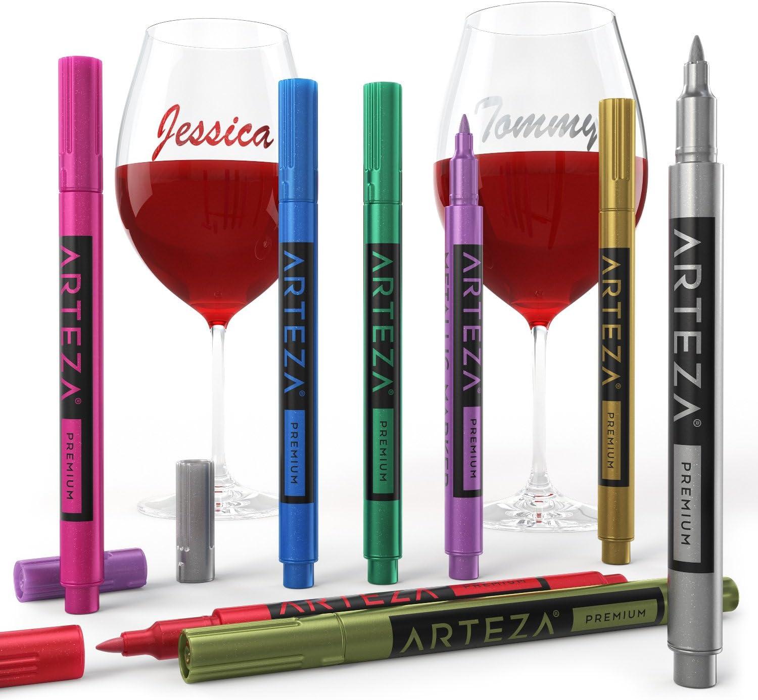 ARTEZA Wine Glass Markers, Set of 8 Washable Metallic Paint Pens, Quick-Drying Erasable Markers for Glassboards, Ceramic Plates, Mirrors
