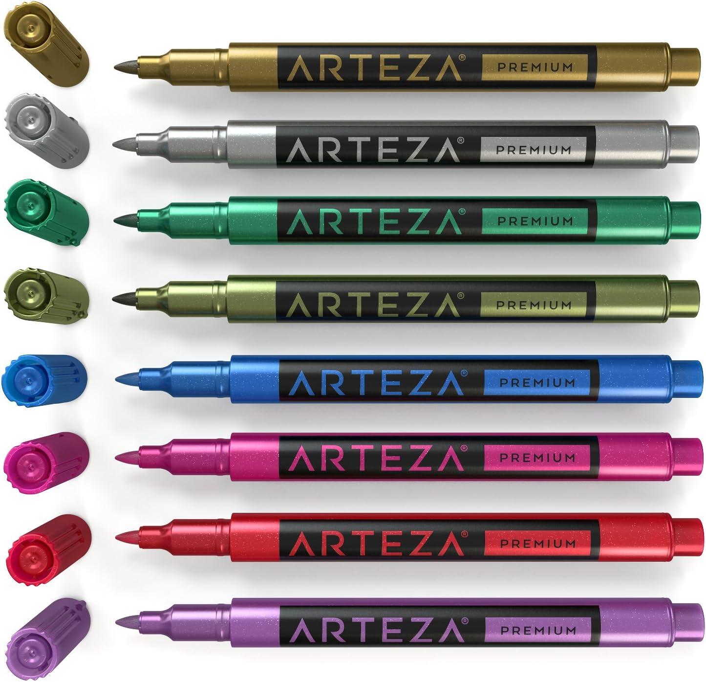 ARTEZA Wine Glass Markers, Set of 8 Washable Metallic Paint Pens, Quick-Drying Erasable Markers for Glassboards, Ceramic Plates, Mirrors
