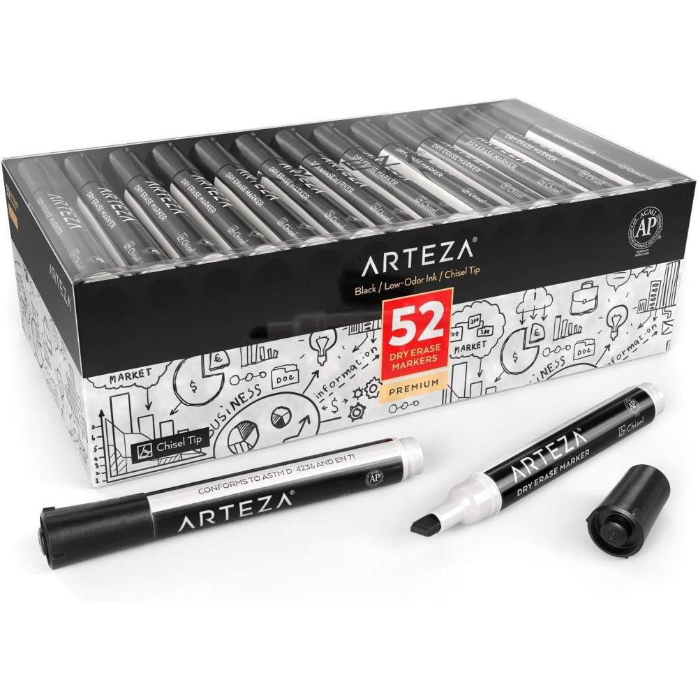 ARTEZA Dry Erase Markers Bulk Pack of 52, 12 Assorted Colors, Low-Odor Ink Whiteboard Pens with Chisel Tip, Office Supplies for Classroom, Home & Teachers(Black)