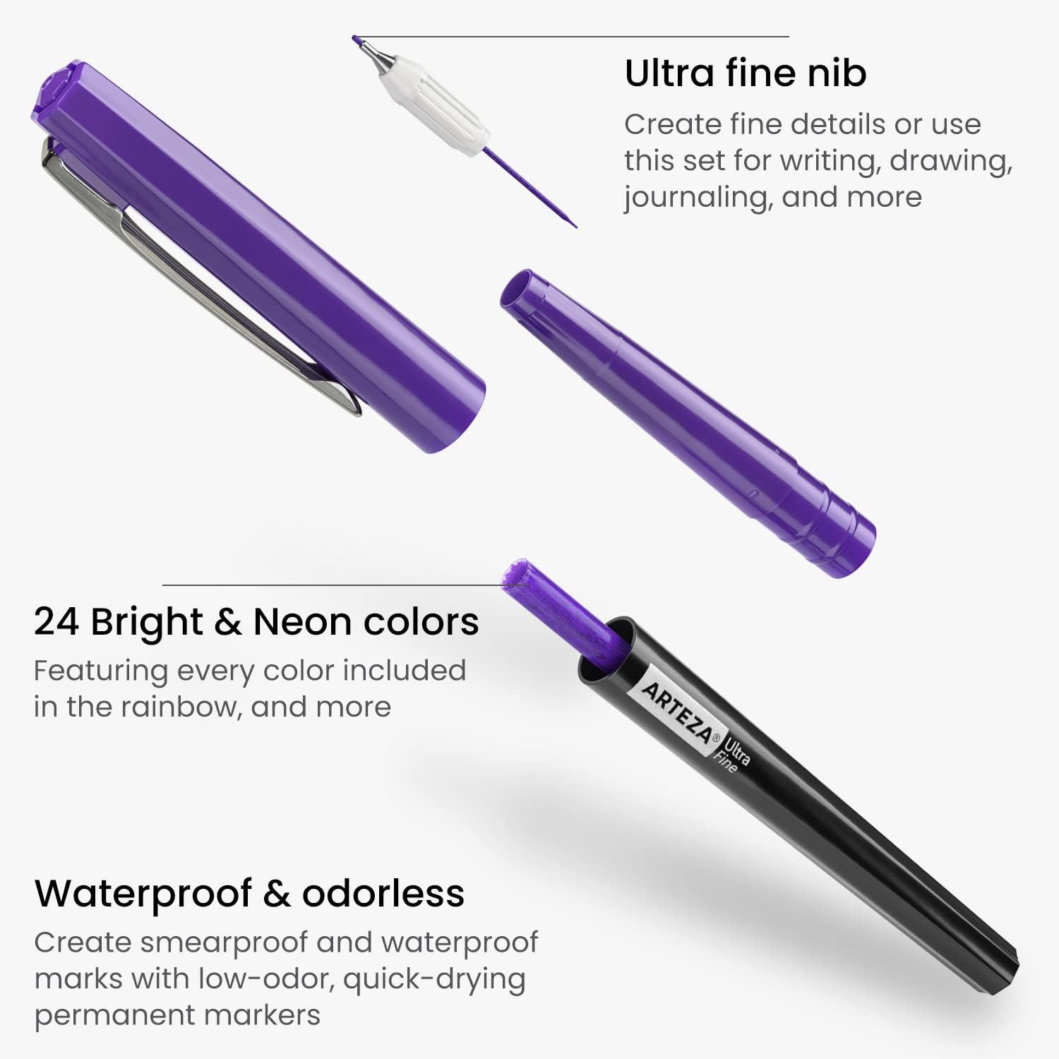 ARTEZA Permanent Markers, 40 Black Pens, Ultra-Fine Tip Paint Pens, Quick-Drying, Water Resistant, for Calligraphy and Note Taking, Office, Classroom(Set 24  Bright & Neon Colors)