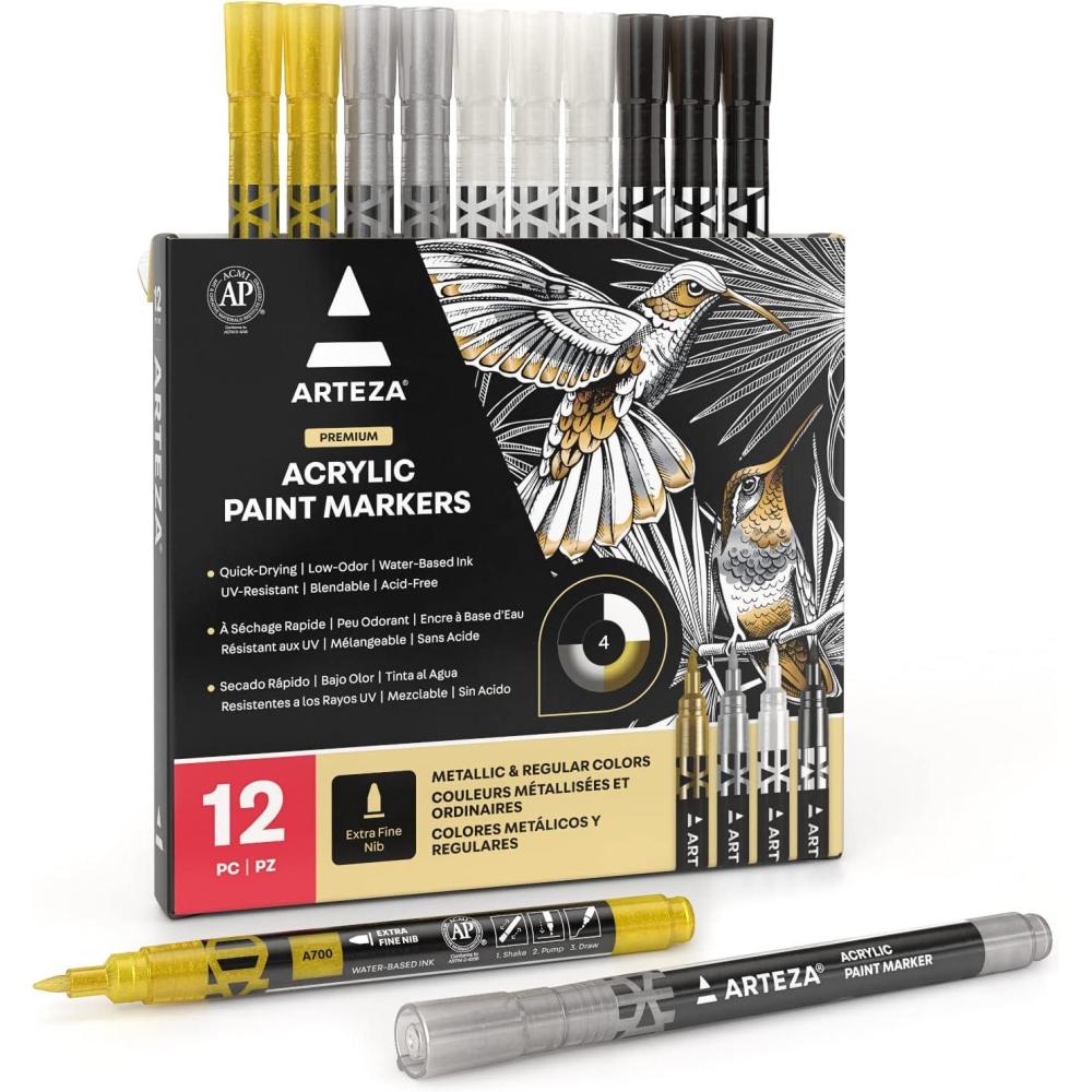 ARTEZA Acrylic Paint Markers, Set of 12 Metallic Marker Pens, 3 Gold, 3 Silver, 3 Black, 3 White, Extra-Fine Nibs, 15mm, for Stone, Glass, and Wood(Multicolor)