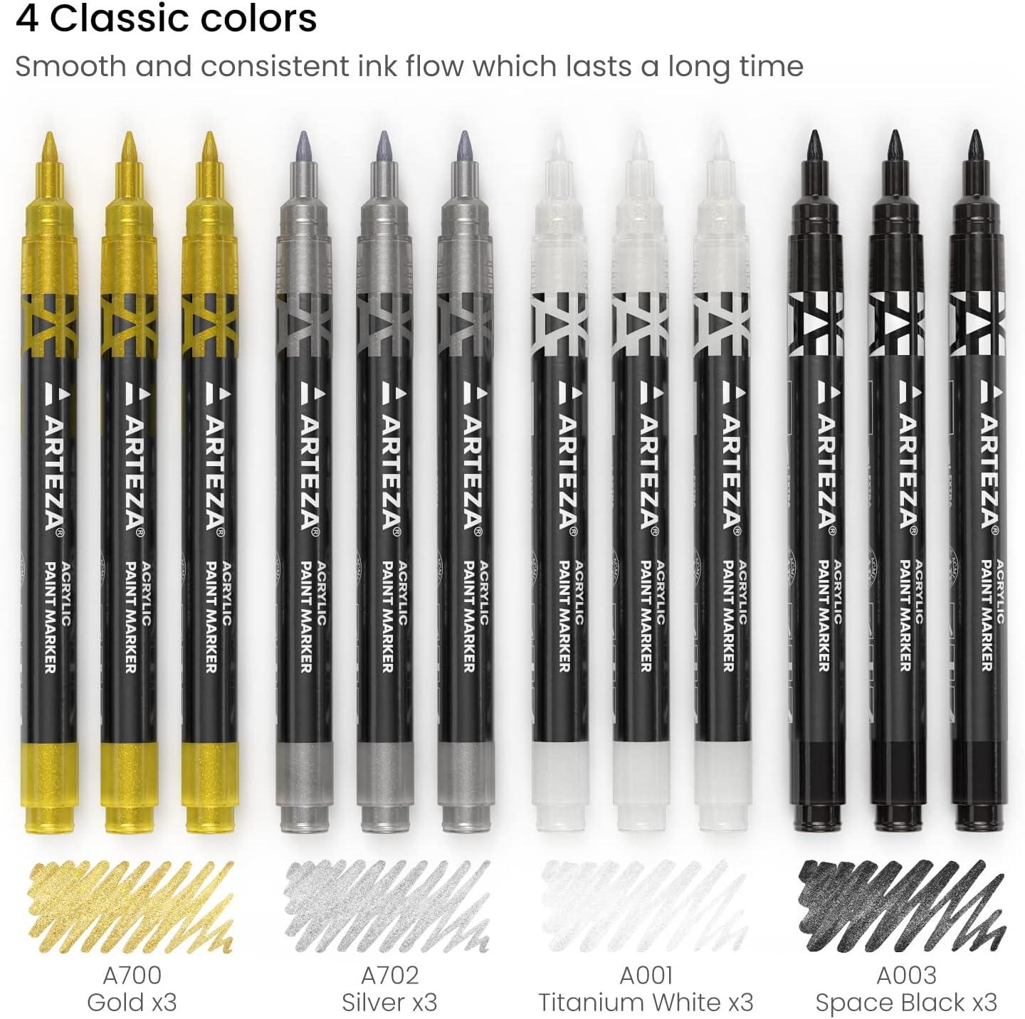 ARTEZA Acrylic Paint Markers, Set of 12 Metallic Marker Pens, 3 Gold, 3 Silver, 3 Black, 3 White, Extra-Fine Nibs, 15mm, for Stone, Glass, and Wood(Multicolor)