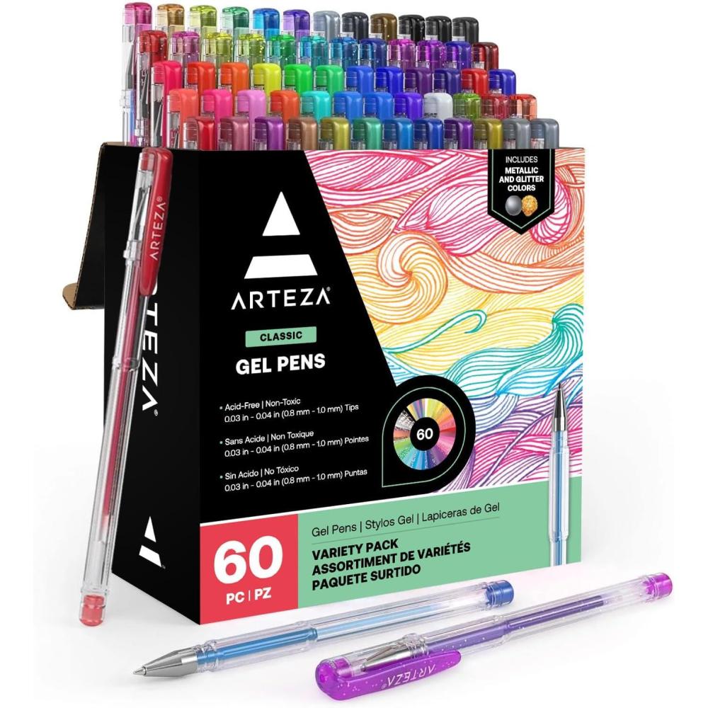 ARTEZA Gel Pens, Set of 60 – Fine Point Colored Ink Pens for Journaling, Adult Coloring, Note-Taking & Decorative Writing, Variety of Finishes(Set of 60)