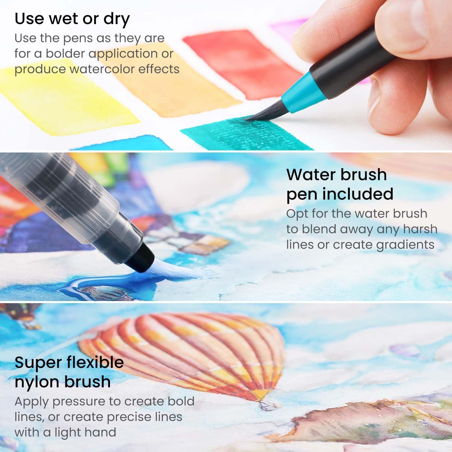 ARTEZA 12 Watercolor Pens for Artists, Landscape Tones Real Brush Pens, Blendable Watercolor Markers for Adults(Bright Colors)