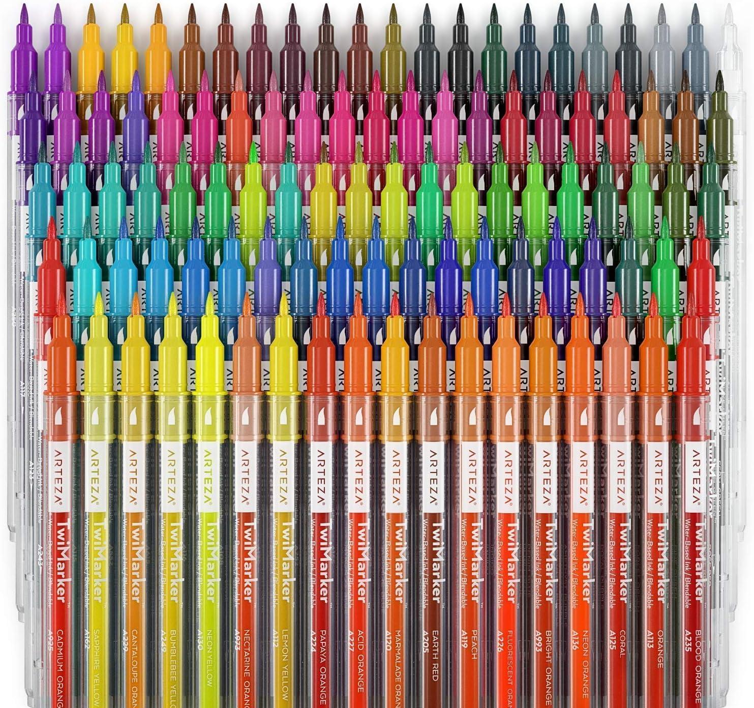 ARTEZA Dual Tip Brush Markers, Set of 100, Art Markers with Fine and Brush Tips, Dual Tip Pens for Adult Coloring, Calligraphy, Sketching, Doodling(1 Count (Pack of 100))