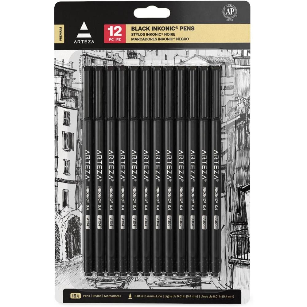 ARTEZA Black Inkonic Fineliners Pens, Set of 12, 0.4 mm Fine Tip Markers, Water-Based Art Pens for Drawing, Sketching, Journaling, Calligraphy(1 Count (Pack of 12))