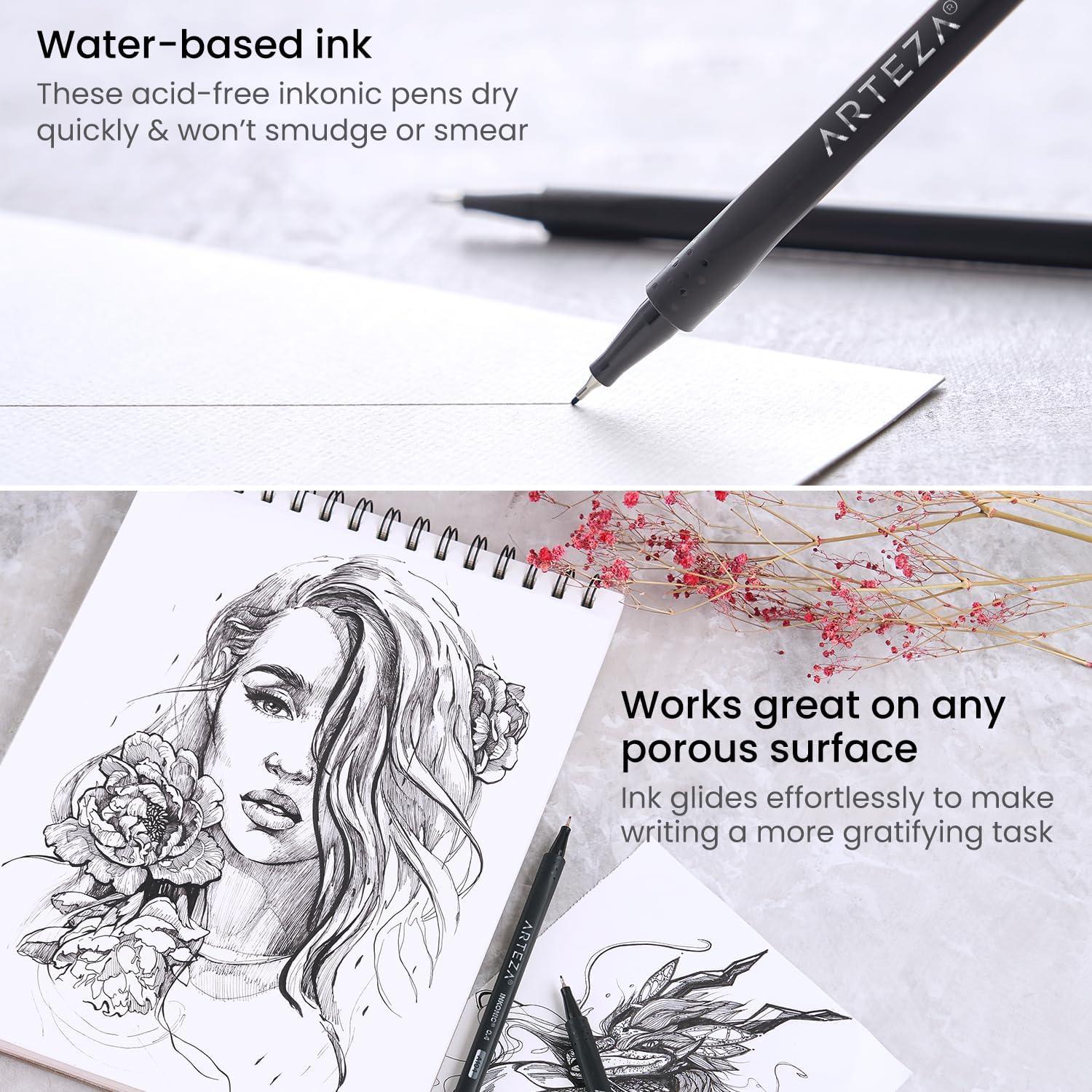 ARTEZA Black Inkonic Fineliners Pens, Set of 12, 0.4 mm Fine Tip Markers, Water-Based Art Pens for Drawing, Sketching, Journaling, Calligraphy(1 Count (Pack of 12))