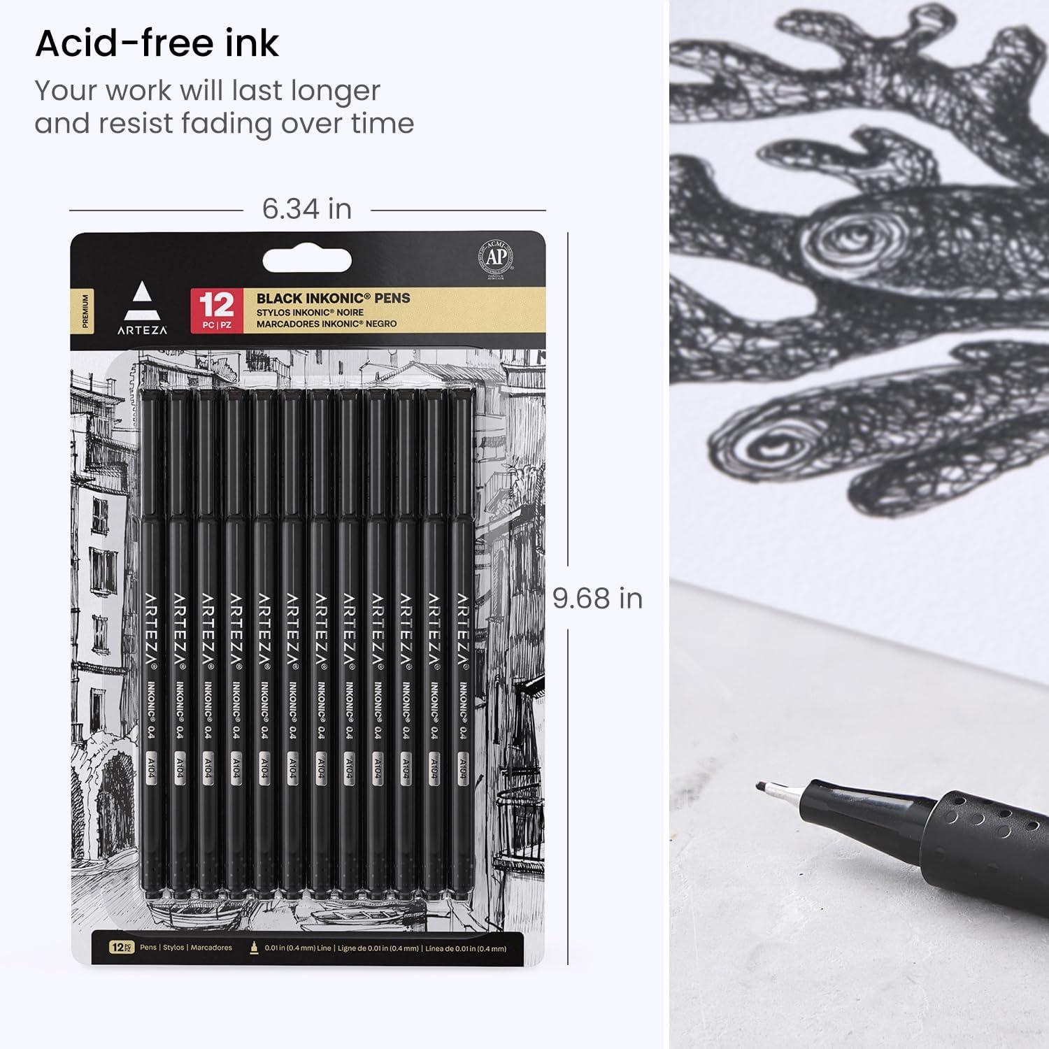 ARTEZA Black Inkonic Fineliners Pens, Set of 12, 0.4 mm Fine Tip Markers, Water-Based Art Pens for Drawing, Sketching, Journaling, Calligraphy(1 Count (Pack of 12))