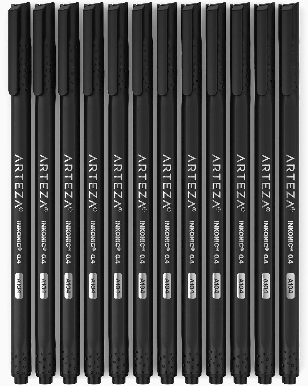 ARTEZA Black Inkonic Fineliners Pens, Set of 12, 0.4 mm Fine Tip Markers, Water-Based Art Pens for Drawing, Sketching, Journaling, Calligraphy(1 Count (Pack of 12))