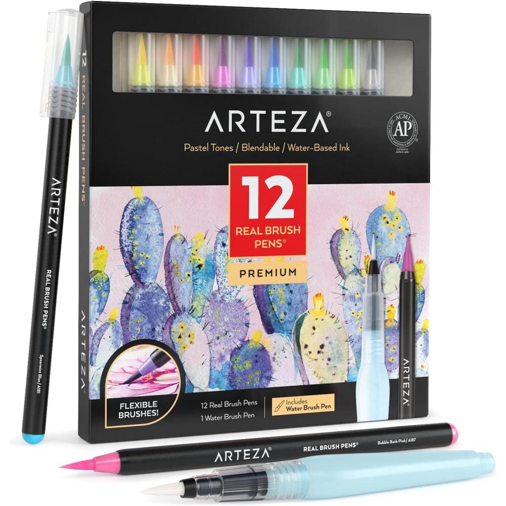 ARTEZA 12 Watercolor Pens for Artists, Landscape Tones Real Brush Pens, Blendable Watercolor Markers for Adults(Pastel Colors)
