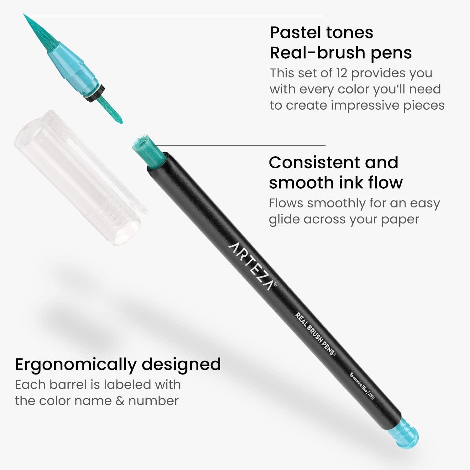 ARTEZA 12 Watercolor Pens for Artists, Landscape Tones Real Brush Pens, Blendable Watercolor Markers for Adults(Pastel Colors)