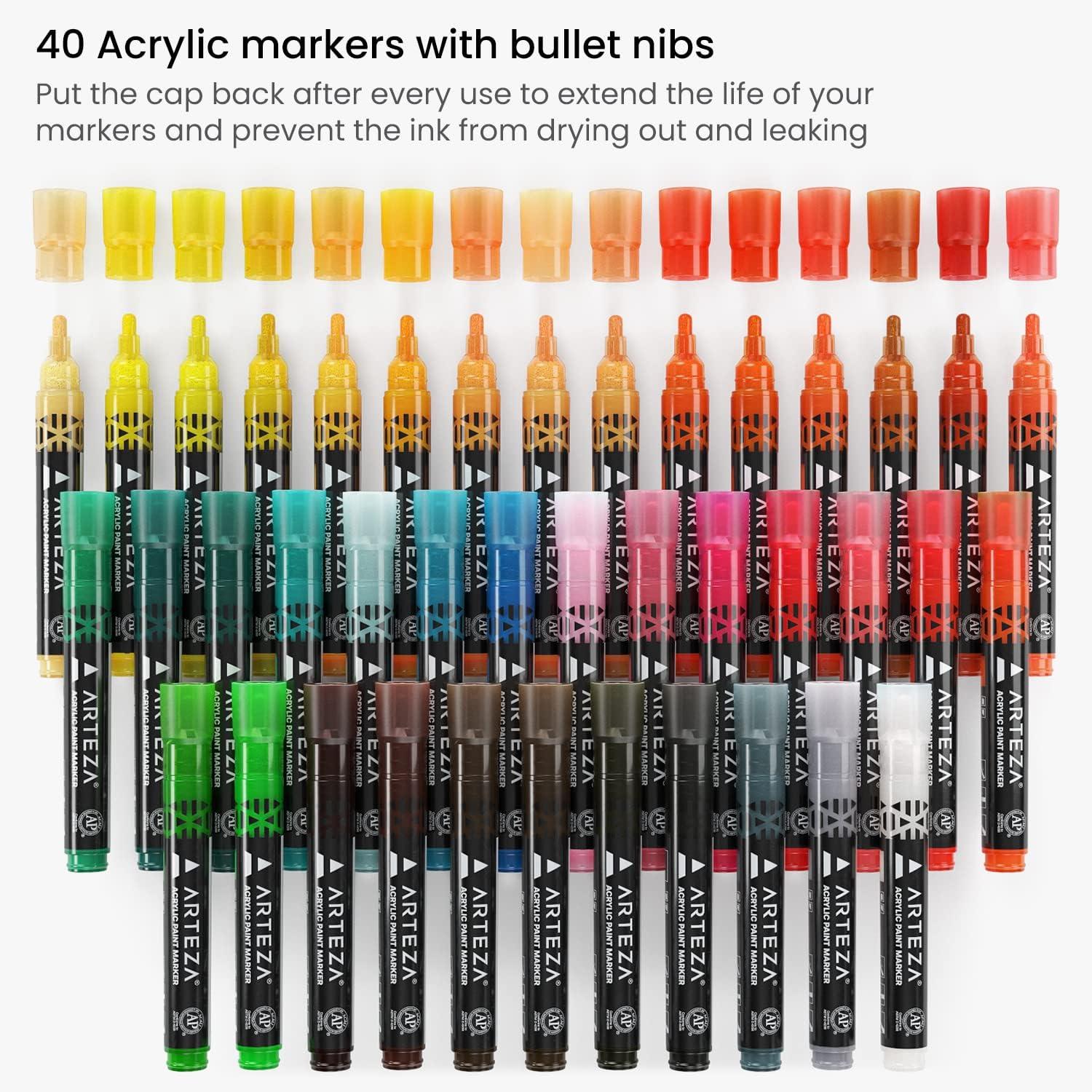 ARTEZA Acrylic Paint Markers, Set of 40 Acrylic Paint Pens in Assorted Colors, Art Markers for Glass, Pottery, Ceramic, Plastic, Rocks, and Canvas(Pack of 40 (81 pc))