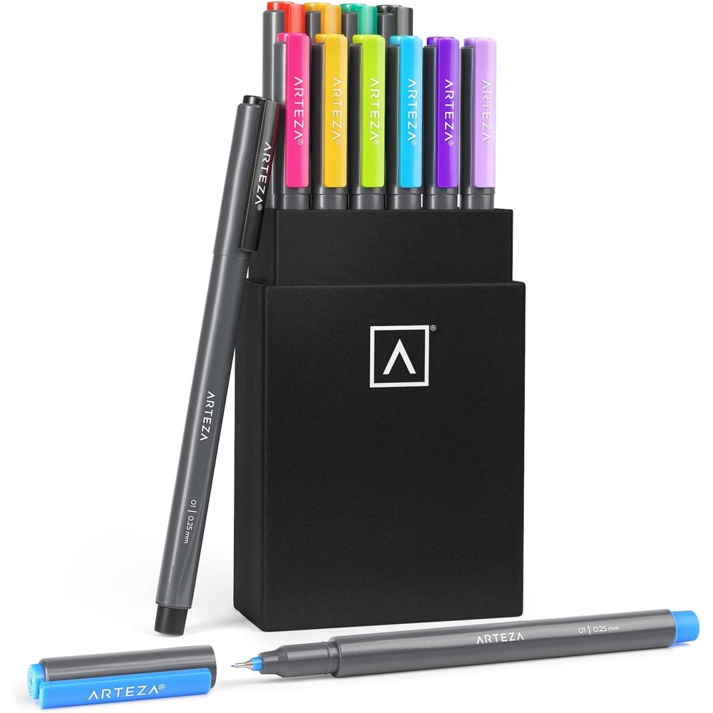 ARTEZA Micro-Line Ink Pens, Set of 12 Colorful Size 01 (0.25-mm) Fineliners, Archival Ink, Quick-Dry and Smear-Proof, Art Supplies for Artists, Illustrators, and Fine Media Artists(12 Colorful)