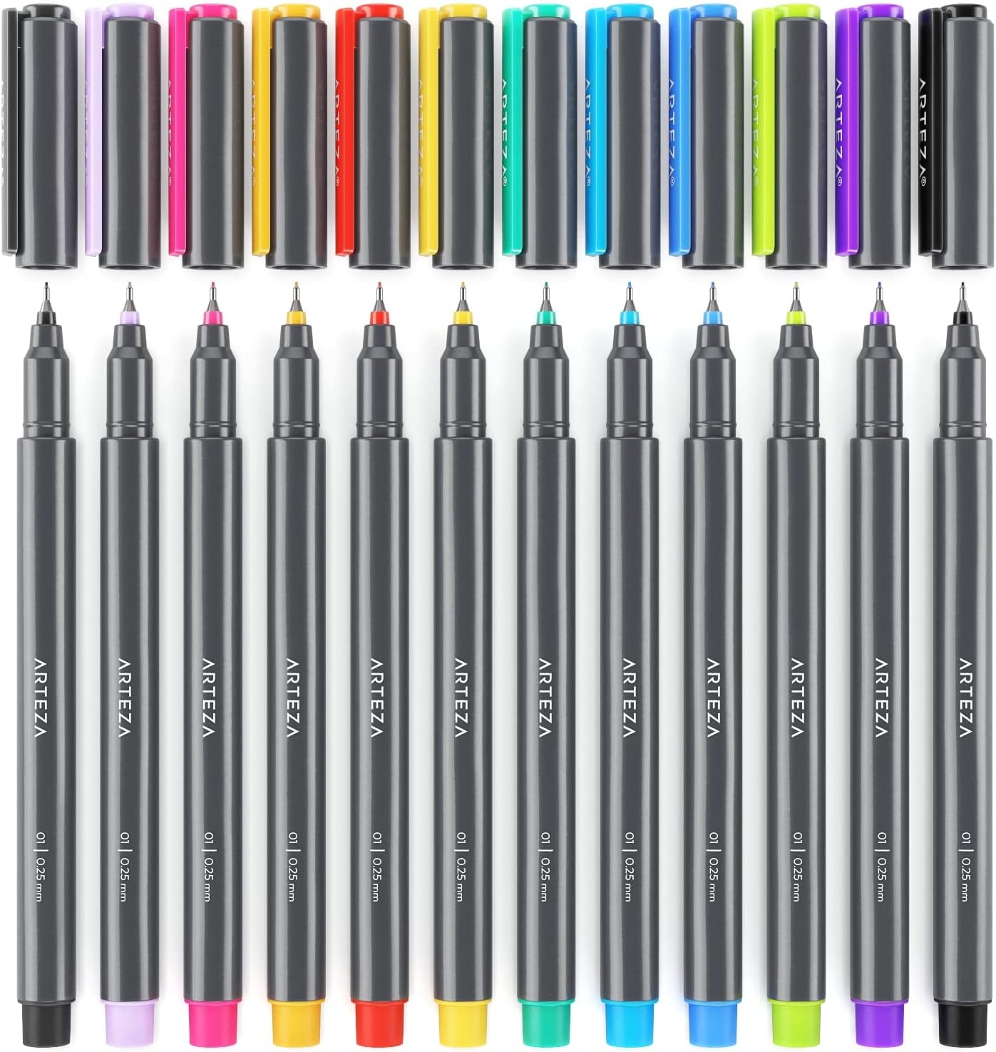 ARTEZA Micro-Line Ink Pens, Set of 12 Colorful Size 01 (0.25-mm) Fineliners, Archival Ink, Quick-Dry and Smear-Proof, Art Supplies for Artists, Illustrators, and Fine Media Artists(12 Colorful)