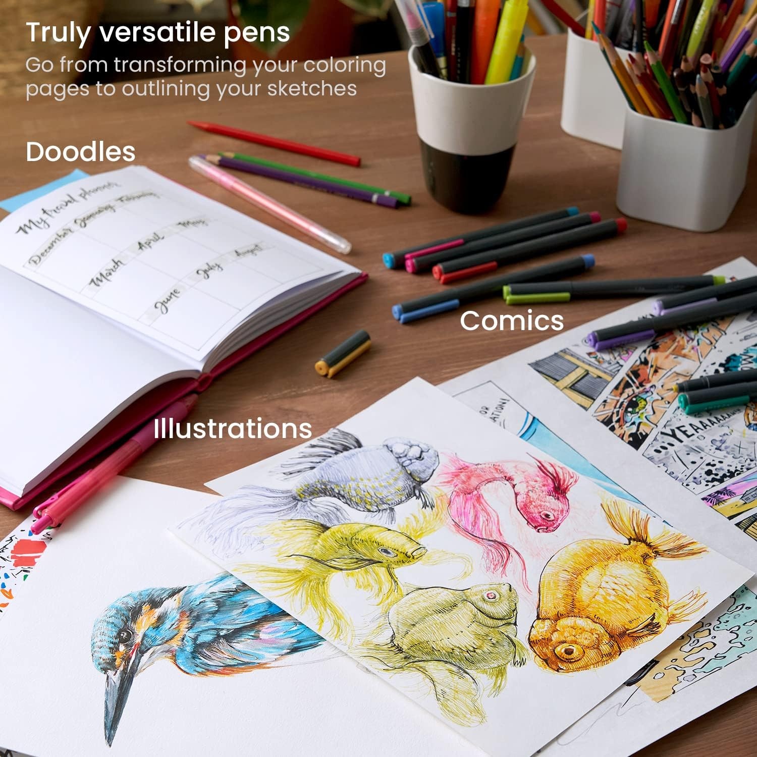 ARTEZA Micro-Line Ink Pens, Set of 12 Colorful Size 01 (0.25-mm) Fineliners, Archival Ink, Quick-Dry and Smear-Proof, Art Supplies for Artists, Illustrators, and Fine Media Artists(12 Colorful)