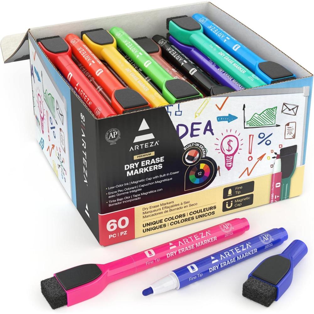 ARTEZA Fine Tip Dry Erase Markers with Erasers – 24-Pack Magnetic Whiteboard Pens, 12 Assorted Colors, Low-Odor Ink for Classroom, Office & Home(1 Count (Pack of 60))