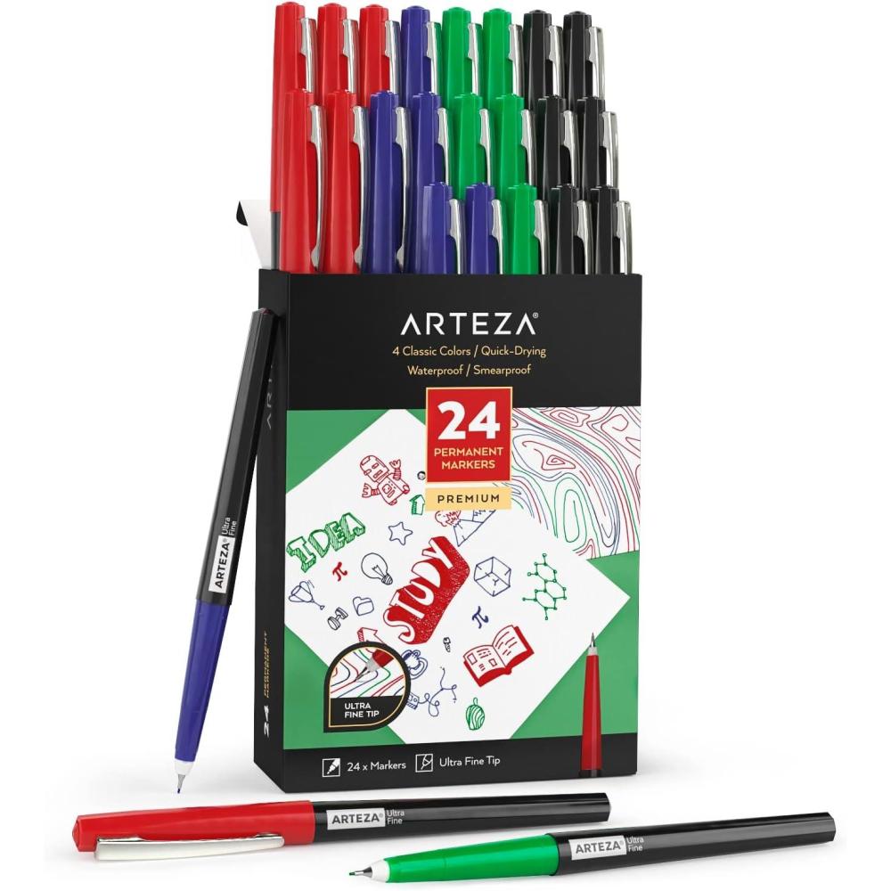ARTEZA Permanent Markers, 40 Black Pens, Ultra-Fine Tip Paint Pens, Quick-Drying, Water Resistant, for Calligraphy and Note Taking, Office, Classroom(Set 24  4 Classic Colors)