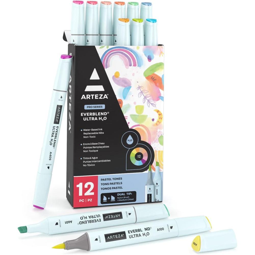ARTEZA Dual Tip Brush Pens, 12 Vintage Tones, EverBlend Watercolor Calligraphy Markers, Nylon Brush and Medium Chisel Nib, Water-Based Ink(12 Pastel Tones)